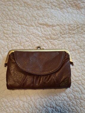 Roxy Brown Leather Kiss-Lock Clutch with Gold Frame